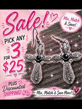 Vintage Gothic Cross Dangle Earrings Silver Tone Black Cabochon Western Statemen